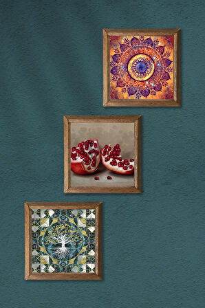 Hayat Ağacı, Mandala, Nar Taş Duvar Tablosu Ahşap Çerçeveli Duvar Dekoru 3 Parça Tablo Seti Wall Art
