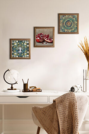 Hayat Ağacı, Mandala, Nar Taş Duvar Tablosu Ahşap Çerçeveli Duvar Dekoru 3 Parça Tablo Seti Wall Art
