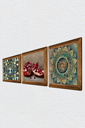 Hayat Ağacı, Mandala, Nar Taş Duvar Tablosu Ahşap Çerçeveli Duvar Dekoru 3 Parça Tablo Seti Wall Art