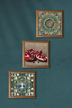 Hayat Ağacı, Mandala, Nar Taş Duvar Tablosu Ahşap Çerçeveli Duvar Dekoru 3 Parça Tablo Seti Wall Art