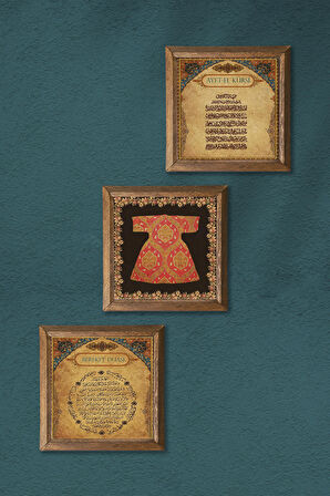 Hırka-i Şerif, Bereket Duası, Ayet-el Kürsi Taş Duvar Tablosu Ahşap Çerçeveli Duvar Dekoru 3 Parça Tablo Seti Wall Art