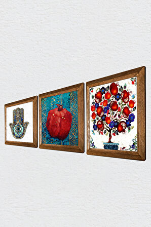 Nar Ağacı, Nar, Fatma Ana Eli (Hamsa) Taş Duvar Tablosu Ahşap Çerçeveli Duvar Dekoru 3 Parça Tablo Seti Wall Art