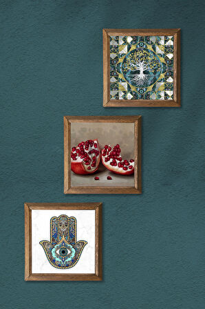 Hayat Ağacı, Nar, Fatma Ana Eli (Hamsa) Taş Duvar Tablosu Ahşap Çerçeveli Duvar Dekoru 3 Parça Tablo Seti Wall Art