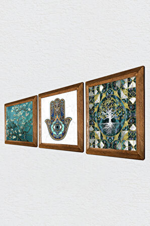 Hayat Ağacı, Van Gogh Badem Ağacı, Fatma Ana Eli (Hamsa) Taş Duvar Tablosu Ahşap Çerçeveli Duvar Dekoru 3 Parça Tablo Seti Wall Art