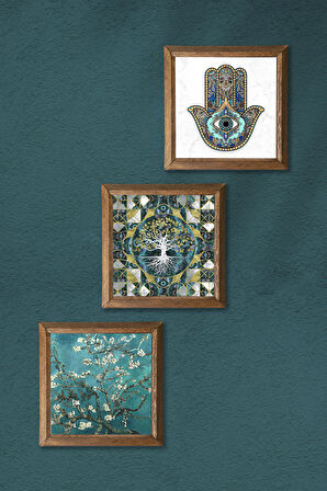 Hayat Ağacı, Van Gogh Badem Ağacı, Fatma Ana Eli (Hamsa) Taş Duvar Tablosu Ahşap Çerçeveli Duvar Dekoru 3 Parça Tablo Seti Wall Art