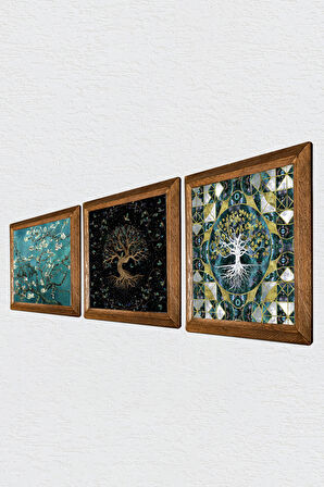 Hayat Ağacı, Van Gogh Badem Ağacı Taş Duvar Tablosu Ahşap Çerçeveli Duvar Dekoru 3 Parça Tablo Seti Wall Art