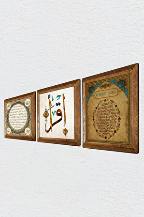 İlk Ayet 'Oku', Bereket Duası, Hilye-i Şerif Taş Duvar Tablosu Ahşap Çerçeveli Duvar Dekoru 3 Parça Tablo Seti Wall Art