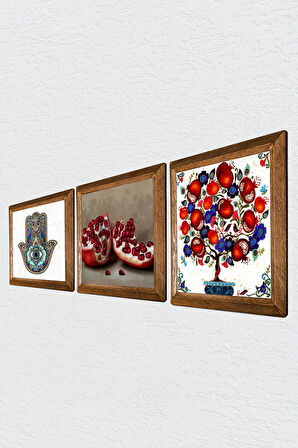 Nar, Nar Ağacı, Fatma Ana Eli (Hamsa) Taş Duvar Tablosu Ahşap Çerçeveli Duvar Dekoru 3 Parça Tablo Seti Wall Art