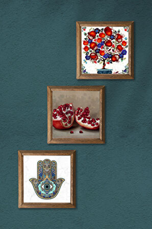 Nar, Nar Ağacı, Fatma Ana Eli (Hamsa) Taş Duvar Tablosu Ahşap Çerçeveli Duvar Dekoru 3 Parça Tablo Seti Wall Art