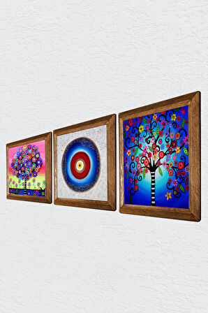 Nazar, Hayat Ağacı Taş Duvar Tablosu Ahşap Çerçeveli Duvar Dekoru 3 Parça Tablo Seti Wall Art