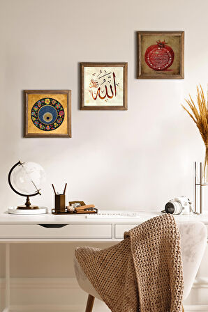 Allah Lafzı, Nazar Boncuğu, Bereket Duası Taş Duvar Tablosu Ahşap Çerçeveli Duvar Dekoru 3 Parça Tablo Seti Wall Art