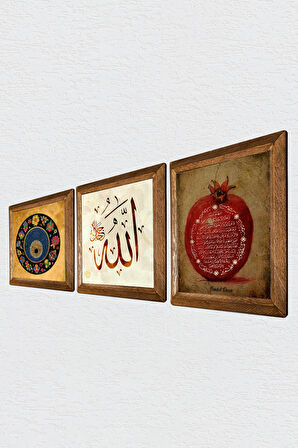 Allah Lafzı, Nazar Boncuğu, Bereket Duası Taş Duvar Tablosu Ahşap Çerçeveli Duvar Dekoru 3 Parça Tablo Seti Wall Art