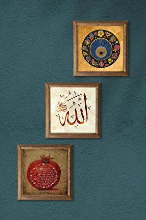 Allah Lafzı, Nazar Boncuğu, Bereket Duası Taş Duvar Tablosu Ahşap Çerçeveli Duvar Dekoru 3 Parça Tablo Seti Wall Art