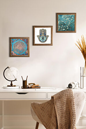 Yaşam Çiçeği, Van Gogh Badem Ağacı, Fatma Ana Eli (Hamsa) Taş Duvar Tablosu Ahşap Çerçeveli Duvar Dekoru 3 Parça Tablo Seti Wall Art