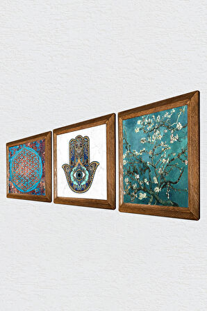 Yaşam Çiçeği, Van Gogh Badem Ağacı, Fatma Ana Eli (Hamsa) Taş Duvar Tablosu Ahşap Çerçeveli Duvar Dekoru 3 Parça Tablo Seti Wall Art