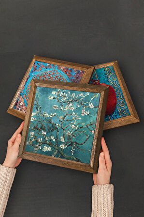 Yaşam Çiçeği, Van Gogh Badem Ağacı, Fatma Ana Eli (Hamsa) Taş Duvar Tablosu Ahşap Çerçeveli Duvar Dekoru 3 Parça Tablo Seti Wall Art