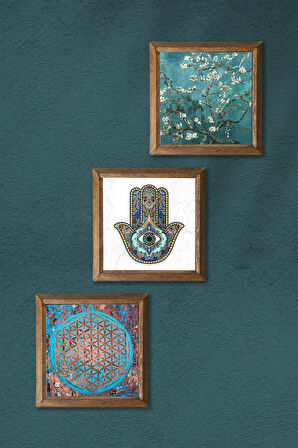Yaşam Çiçeği, Van Gogh Badem Ağacı, Fatma Ana Eli (Hamsa) Taş Duvar Tablosu Ahşap Çerçeveli Duvar Dekoru 3 Parça Tablo Seti Wall Art