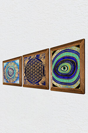 Mandala, Nazar, Yaşam Çiçeği Taş Duvar Tablosu Ahşap Çerçeveli Duvar Dekoru 3 Parça Tablo Seti Wall Art