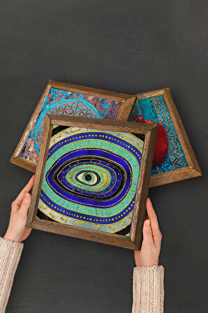 Mandala, Nazar, Yaşam Çiçeği Taş Duvar Tablosu Ahşap Çerçeveli Duvar Dekoru 3 Parça Tablo Seti Wall Art