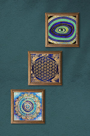 Mandala, Nazar, Yaşam Çiçeği Taş Duvar Tablosu Ahşap Çerçeveli Duvar Dekoru 3 Parça Tablo Seti Wall Art