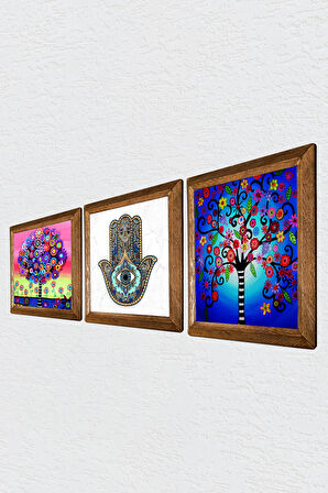 Hayat Ağacı, Hayat Ağacı, Fatma Ana Eli (Hamsa) Taş Duvar Tablosu Ahşap Çerçeveli Duvar Dekoru 3 Parça Tablo Seti Wall Art