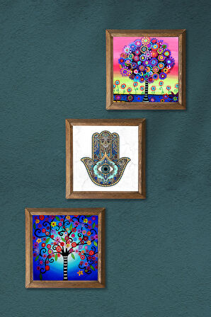 Hayat Ağacı, Hayat Ağacı, Fatma Ana Eli (Hamsa) Taş Duvar Tablosu Ahşap Çerçeveli Duvar Dekoru 3 Parça Tablo Seti Wall Art