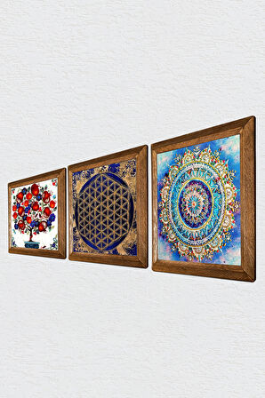 Mandala, Yaşam Çiçeği, Nar Ağacı Taş Duvar Tablosu Ahşap Çerçeveli Duvar Dekoru 3 Parça Tablo Seti Wall Art