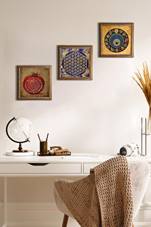 Yaşam Çiçeği, Nazar Boncuğu, Bereket Duası Taş Duvar Tablosu Ahşap Çerçeveli Duvar Dekoru 3 Parça Tablo Seti Wall Art