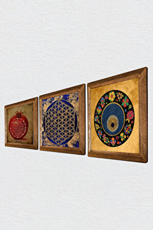 Yaşam Çiçeği, Nazar Boncuğu, Bereket Duası Taş Duvar Tablosu Ahşap Çerçeveli Duvar Dekoru 3 Parça Tablo Seti Wall Art