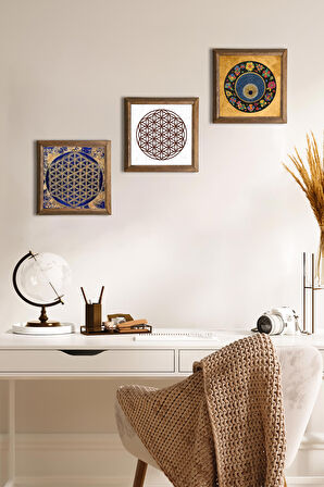 Yaşam Çiçeği, Nazar Boncuğu Taş Duvar Tablosu Ahşap Çerçeveli Duvar Dekoru 3 Parça Tablo Seti Wall Art