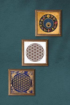 Yaşam Çiçeği, Nazar Boncuğu Taş Duvar Tablosu Ahşap Çerçeveli Duvar Dekoru 3 Parça Tablo Seti Wall Art
