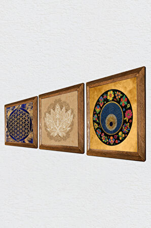 Lotus Çiçeği, Yaşam Çiçeği, Nazar Taş Duvar Tablosu Ahşap Çerçeveli Duvar Dekoru 3 Parça Tablo Seti Wall Art