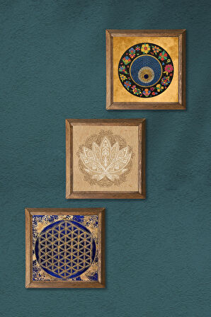 Lotus Çiçeği, Yaşam Çiçeği, Nazar Taş Duvar Tablosu Ahşap Çerçeveli Duvar Dekoru 3 Parça Tablo Seti Wall Art