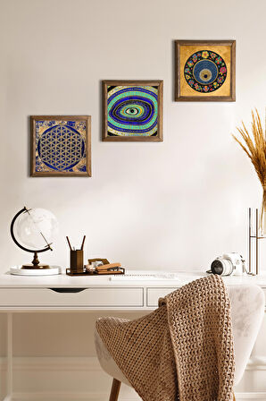 Nazar, Yaşam Çiçeği Taş Duvar Tablosu Ahşap Çerçeveli Duvar Dekoru 3 Parça Tablo Seti Wall Art