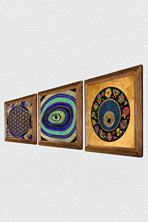 Nazar, Yaşam Çiçeği Taş Duvar Tablosu Ahşap Çerçeveli Duvar Dekoru 3 Parça Tablo Seti Wall Art