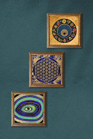 Nazar, Yaşam Çiçeği Taş Duvar Tablosu Ahşap Çerçeveli Duvar Dekoru 3 Parça Tablo Seti Wall Art