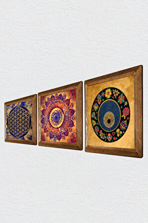 Mandala, Yaşam Çiçeği, Nazar Taş Duvar Tablosu Ahşap Çerçeveli Duvar Dekoru 3 Parça Tablo Seti Wall Art