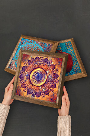 Mandala, Yaşam Çiçeği, Nazar Taş Duvar Tablosu Ahşap Çerçeveli Duvar Dekoru 3 Parça Tablo Seti Wall Art