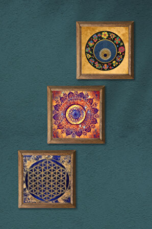 Mandala, Yaşam Çiçeği, Nazar Taş Duvar Tablosu Ahşap Çerçeveli Duvar Dekoru 3 Parça Tablo Seti Wall Art