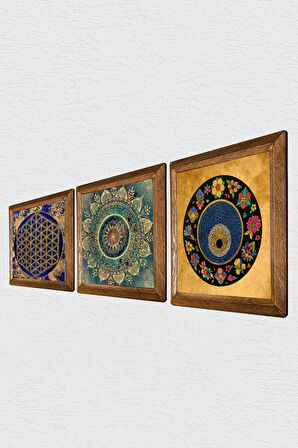 Mandala, Yaşam Çiçeği, Nazar Taş Duvar Tablosu Ahşap Çerçeveli Duvar Dekoru 3 Parça Tablo Seti Wall Art