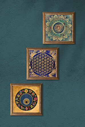 Mandala, Yaşam Çiçeği, Nazar Taş Duvar Tablosu Ahşap Çerçeveli Duvar Dekoru 3 Parça Tablo Seti Wall Art