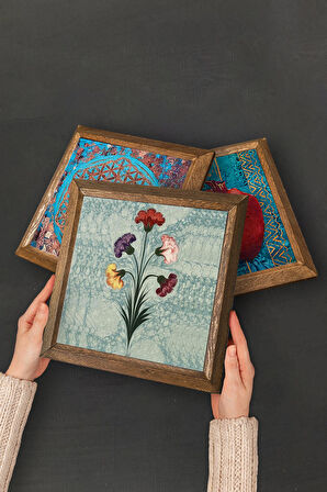 Ebru Sanatı, Yaşam Çiçeği, Nazar Taş Duvar Tablosu Ahşap Çerçeveli Duvar Dekoru 3 Parça Tablo Seti Wall Art