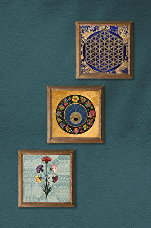 Ebru Sanatı, Yaşam Çiçeği, Nazar Taş Duvar Tablosu Ahşap Çerçeveli Duvar Dekoru 3 Parça Tablo Seti Wall Art