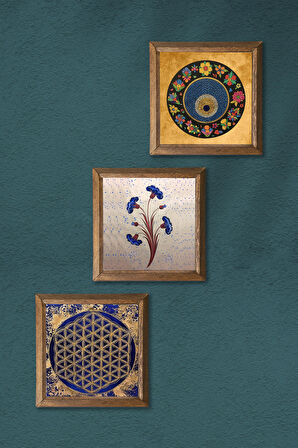 Ebru Sanatı, Yaşam Çiçeği, Nazar Taş Duvar Tablosu Ahşap Çerçeveli Duvar Dekoru 3 Parça Tablo Seti Wall Art