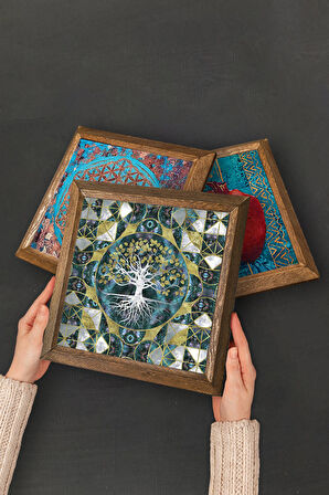 Hayat Ağacı, Yaşam Çiçeği, Nazar Boncuğu Taş Duvar Tablosu Ahşap Çerçeveli Duvar Dekoru 3 Parça Tablo Seti Wall Art