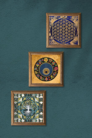 Hayat Ağacı, Yaşam Çiçeği, Nazar Boncuğu Taş Duvar Tablosu Ahşap Çerçeveli Duvar Dekoru 3 Parça Tablo Seti Wall Art