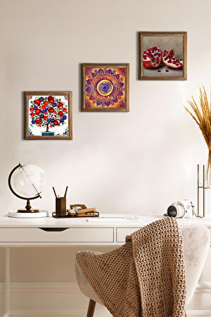 Mandala, Nar, Nar Ağacı Taş Duvar Tablosu Ahşap Çerçeveli Duvar Dekoru 3 Parça Tablo Seti Wall Art