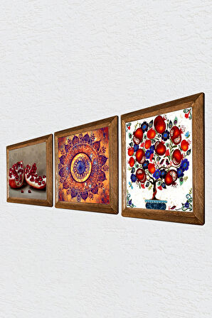 Mandala, Nar, Nar Ağacı Taş Duvar Tablosu Ahşap Çerçeveli Duvar Dekoru 3 Parça Tablo Seti Wall Art