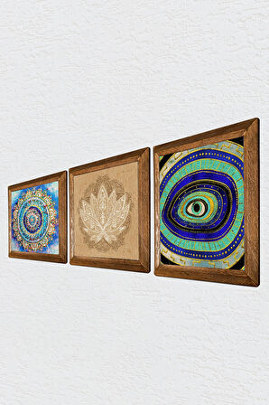 Mandala, Nazar, Lotus Çiçeği Taş Duvar Tablosu Ahşap Çerçeveli Duvar Dekoru 3 Parça Tablo Seti Wall Art