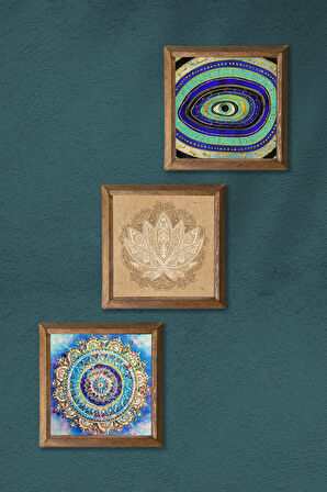 Mandala, Nazar, Lotus Çiçeği Taş Duvar Tablosu Ahşap Çerçeveli Duvar Dekoru 3 Parça Tablo Seti Wall Art